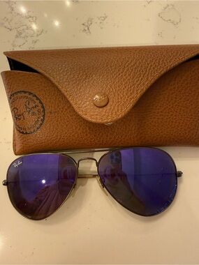 Ray-Ban Aviator Sunglasses with Purple Mirrored Lenses and Brown Case